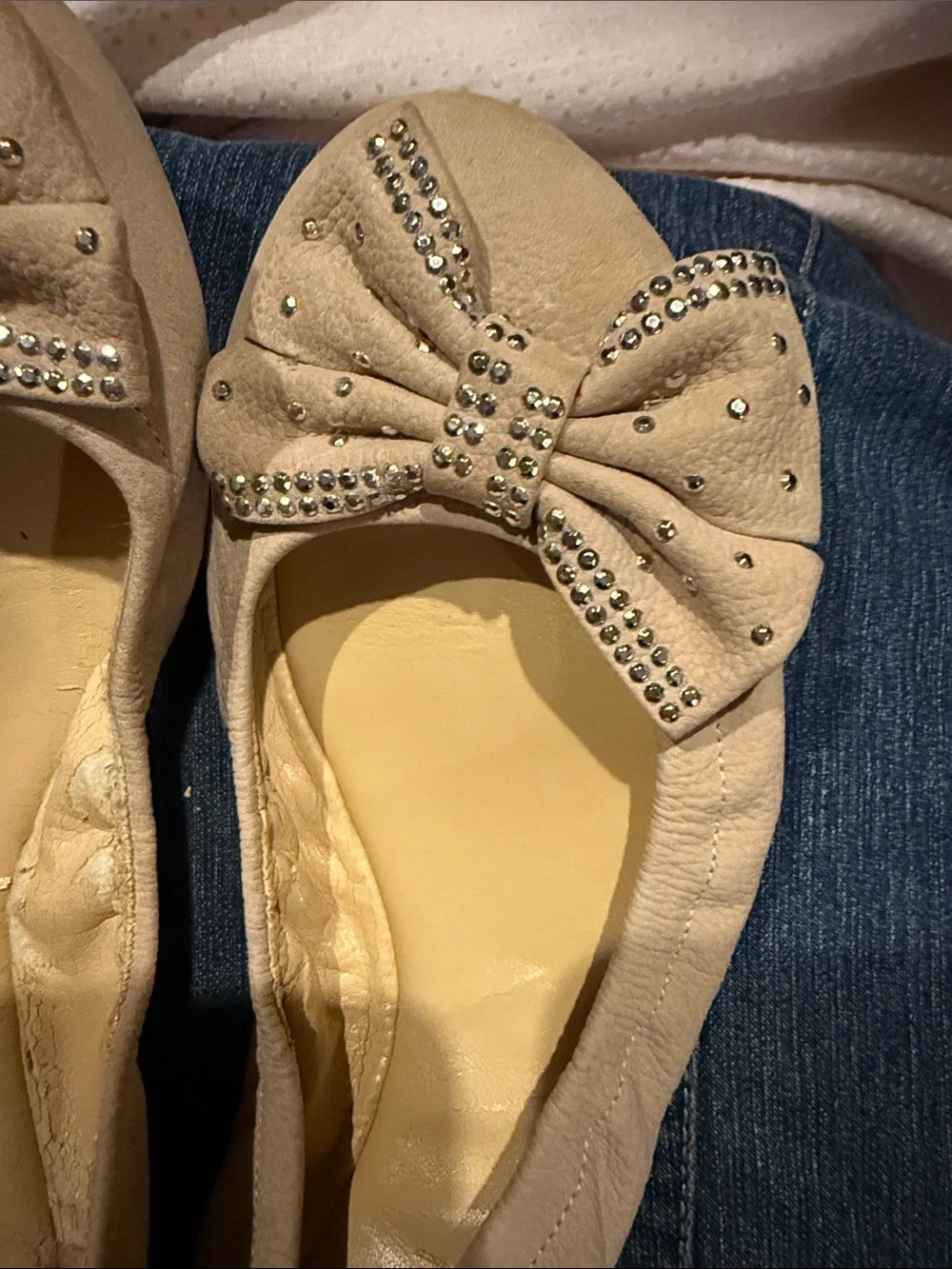 Gianni Bini Women’s Beige Bow Ballet Flats with Rhinestone Accents
